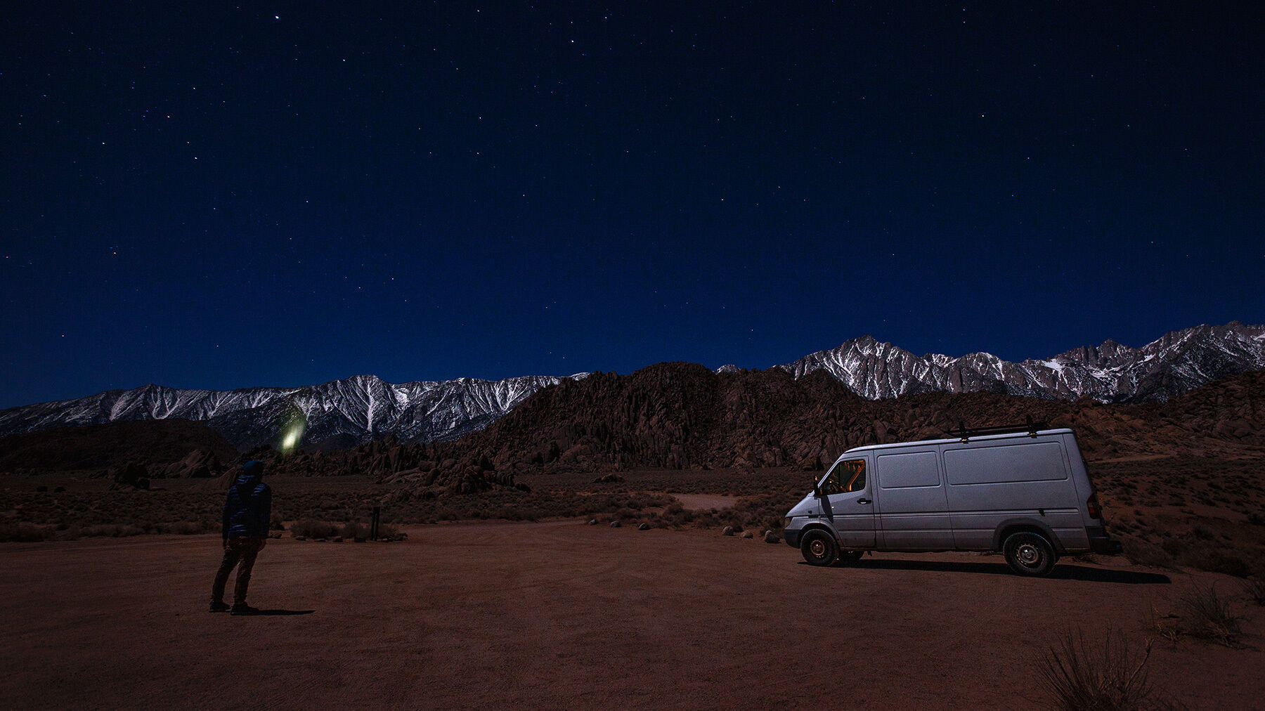 Starry sky over the the Eastern Sierra Mountains in the Alabama Hills, California