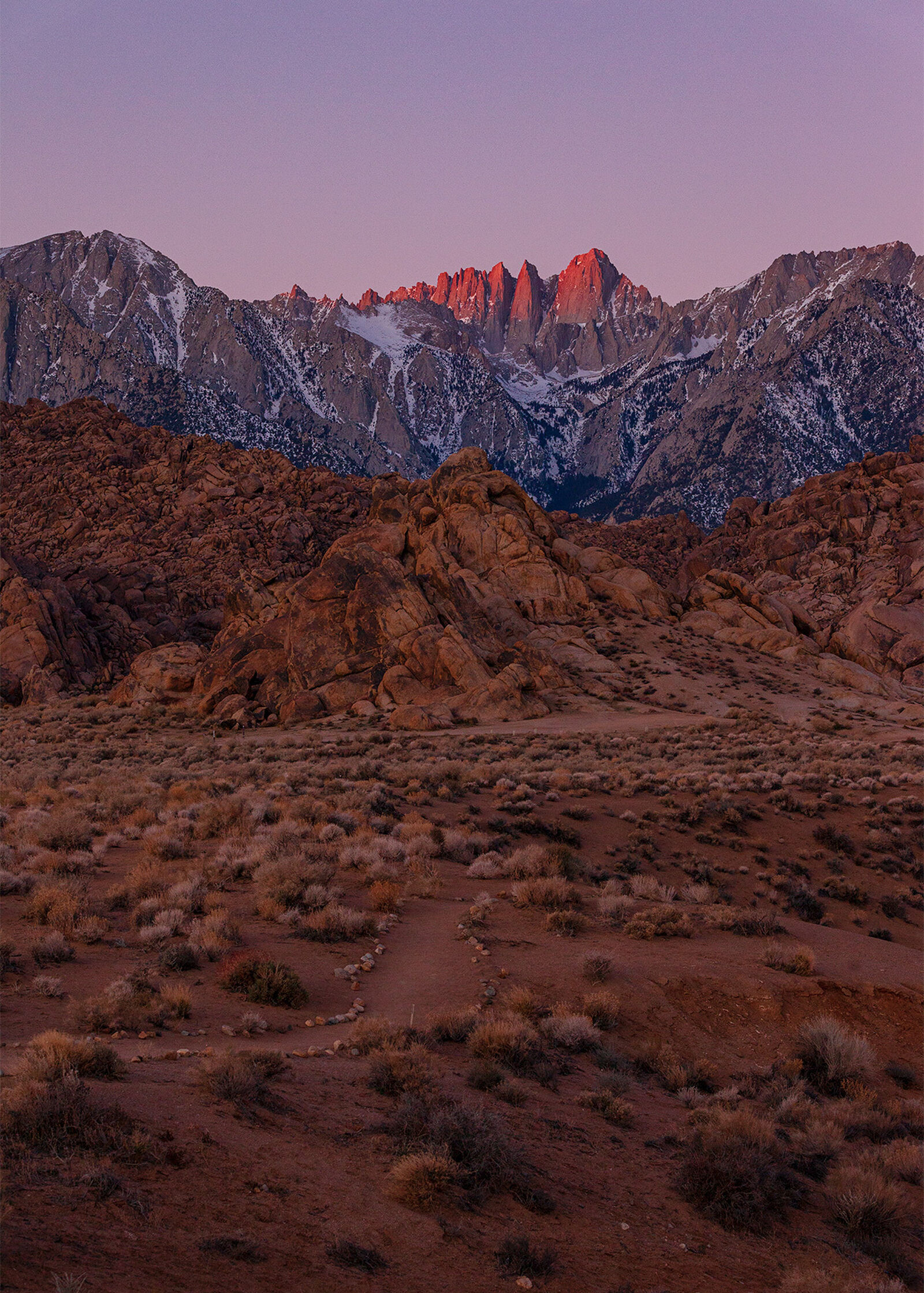Mount Whitney lit by the rising sun in the Alabama Hills, California