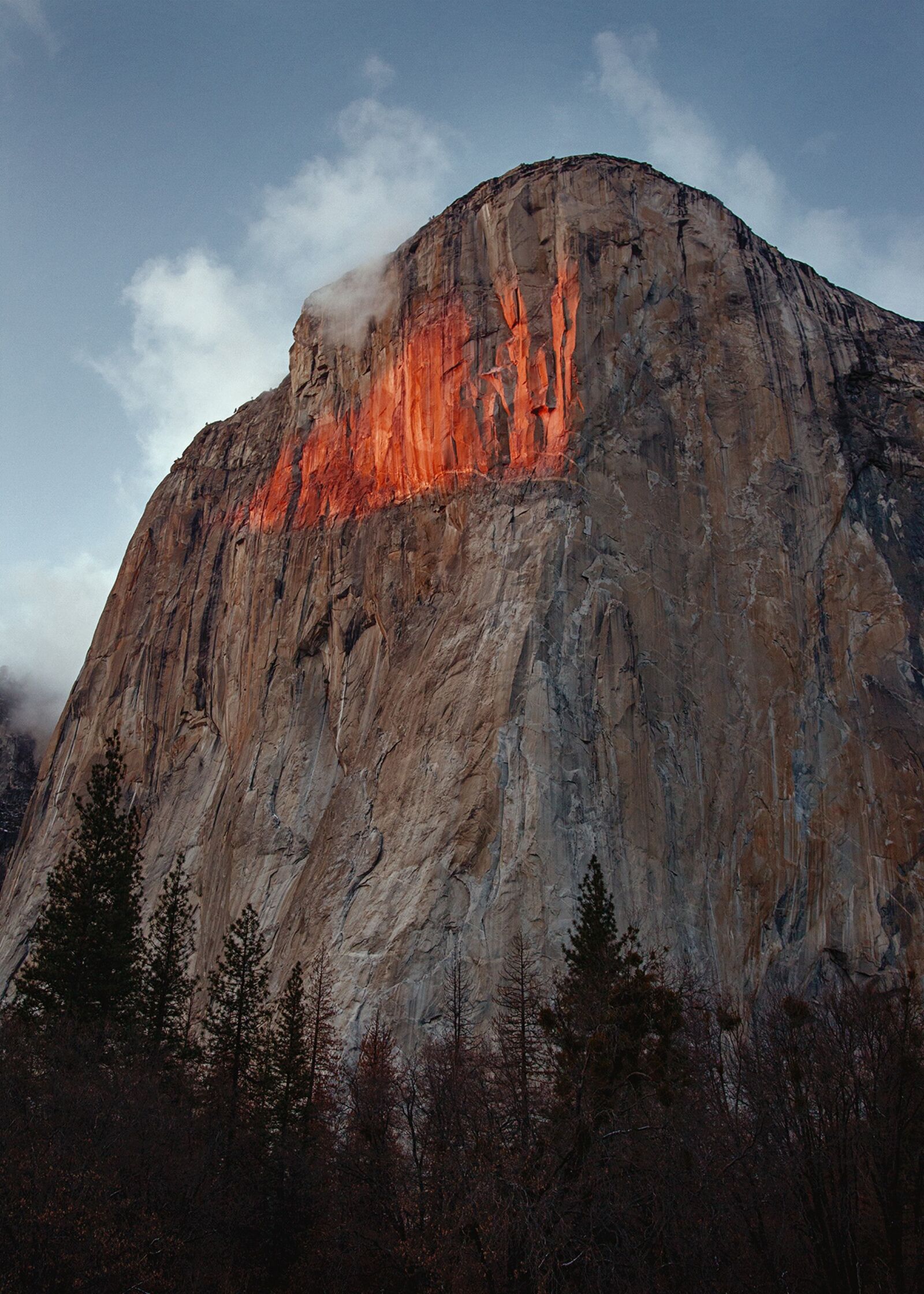 A red spotlight from the setting sun illuminates the upper portion of the face of El Capitan in Yosemite National Park