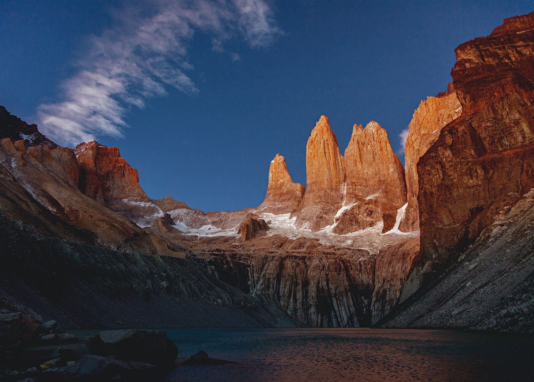 The towers of Torres Del Paine National Park in Chilean Patagonia at sunrise
