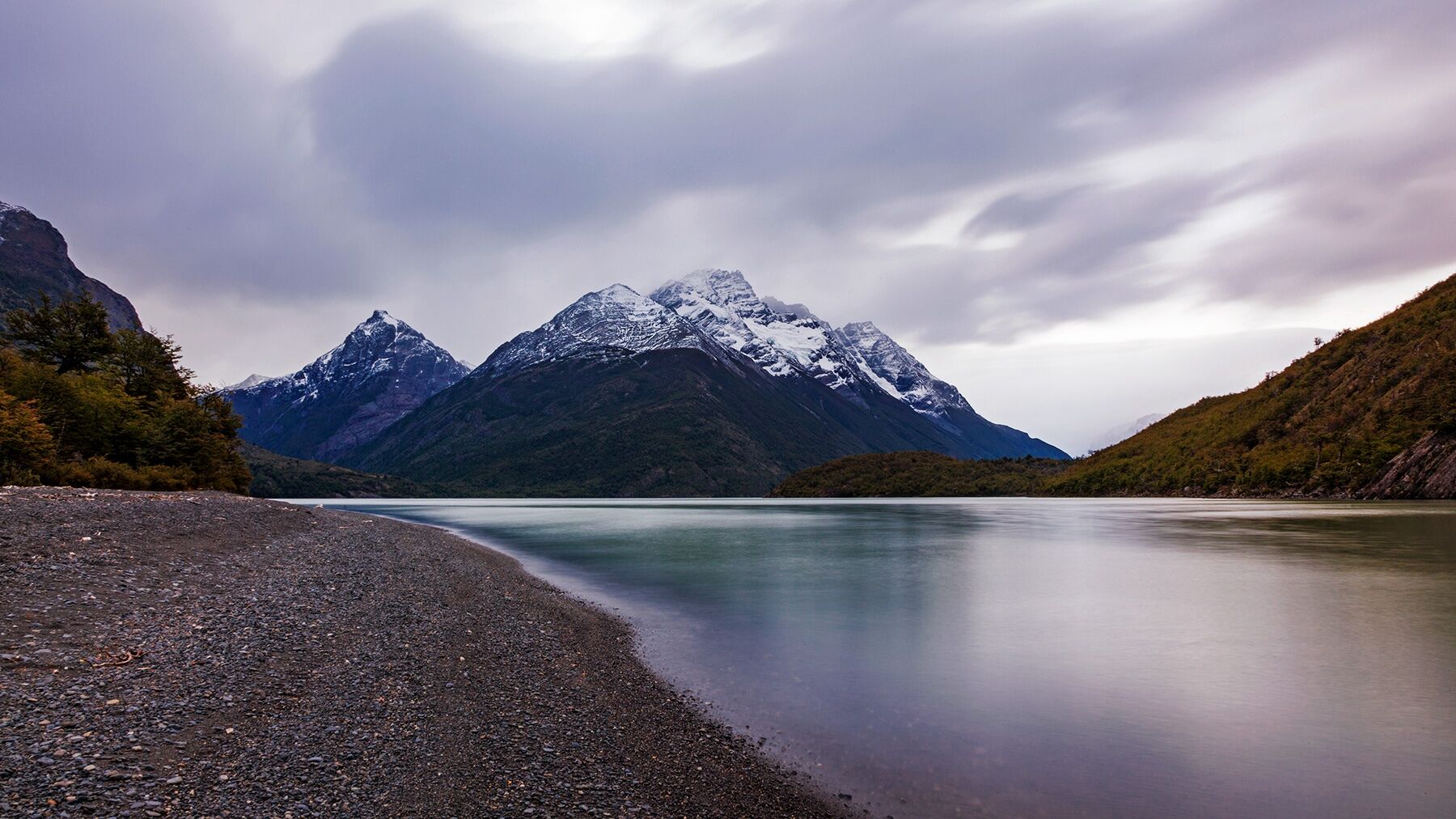 Landscape of mountains overlooking Lago Dickson in Torres Del Paine National Park, Chilean Patagonia