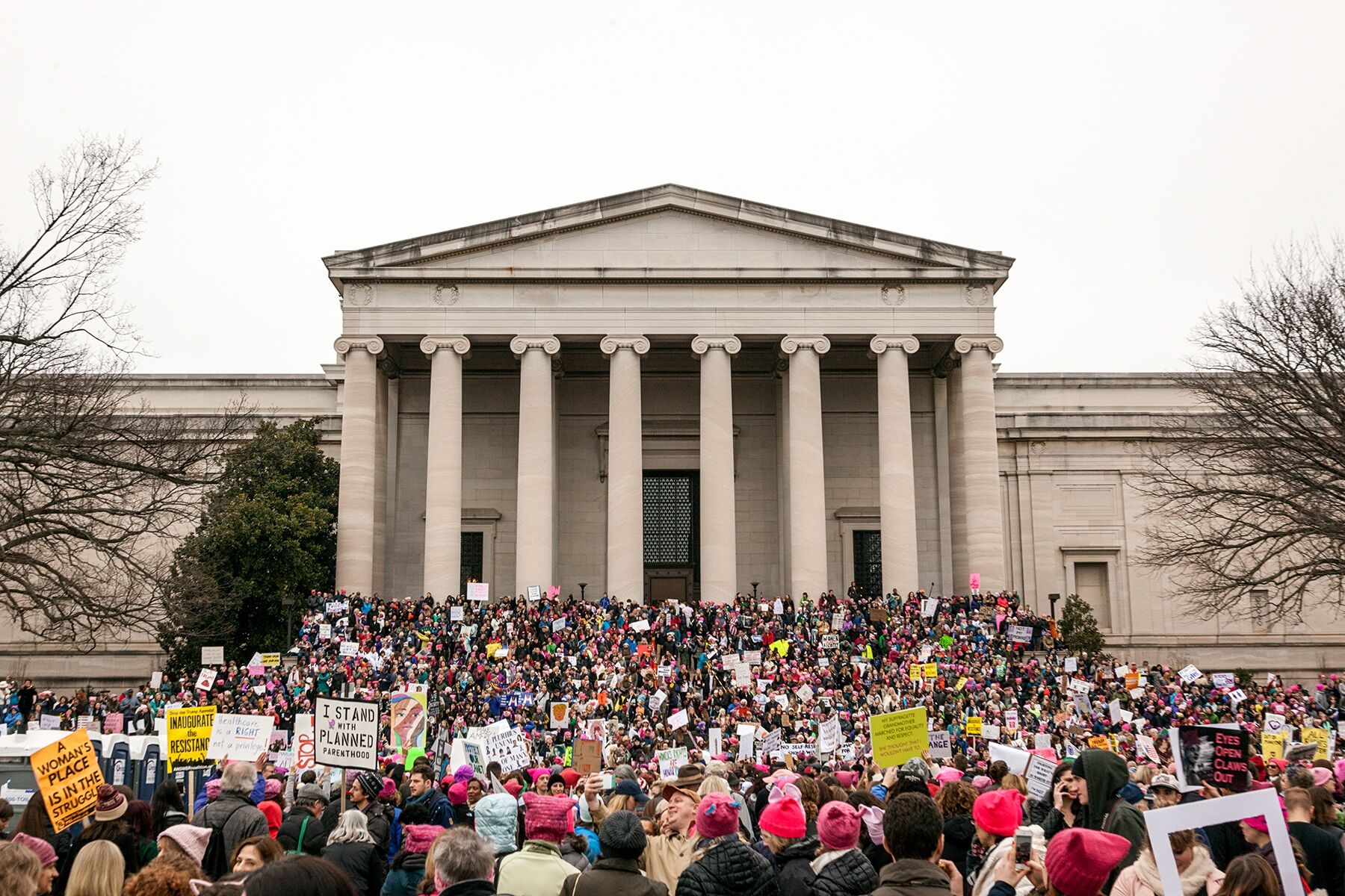 Demonstrators fill the steps of a columned building in Washington D.C. for the Womens March on Washington in 2017