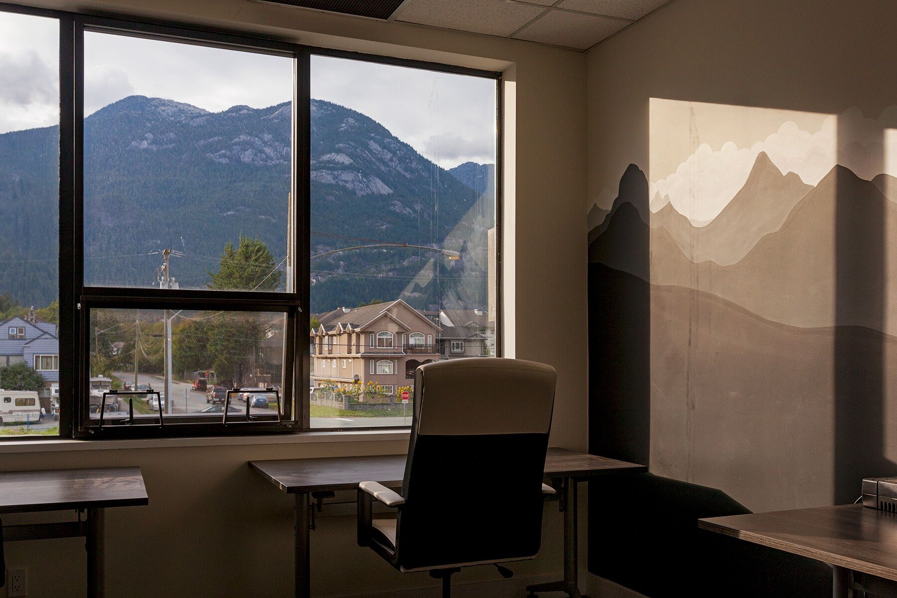 View of the mountains of Squamish, B.C., Canada, from an office