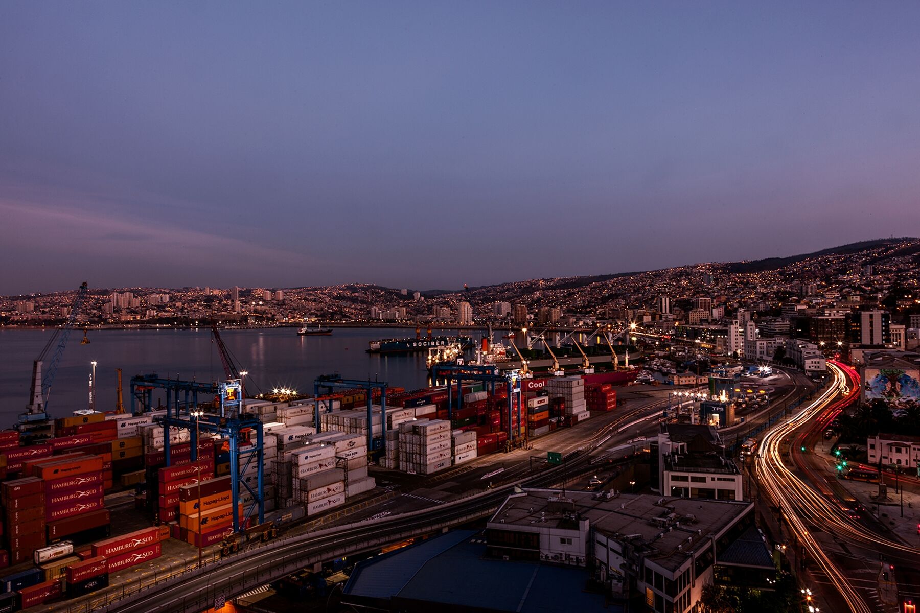 A nighttime view of the port city of Valparaíso, Chile